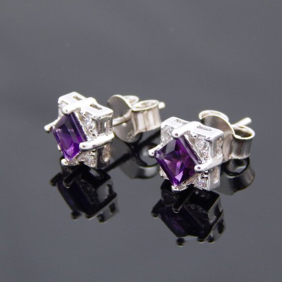 Genuine Amethyst Cushion Cut Earrings in 925 Sterling Silver - Picture 2 of 6